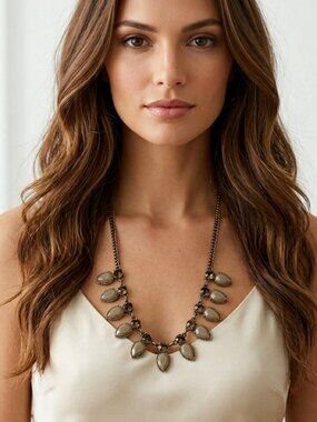 J. Crew Neutral Teardrop Fringe Statement Necklace - Smoked Topaz & Taupe